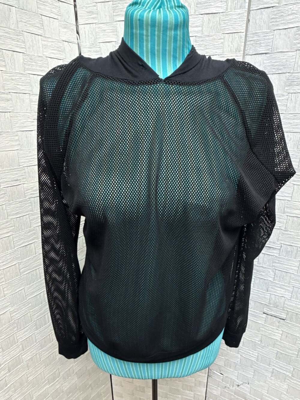 Ana Mesh Hoodie Size L Black Open Knit Long Sleeve Top